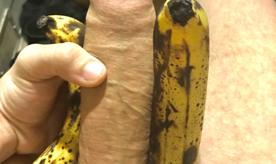 Uncut cock does the banana challenge