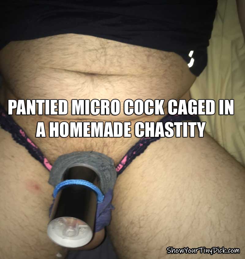 Pantied micro cock gets caged in a homemade chastity.